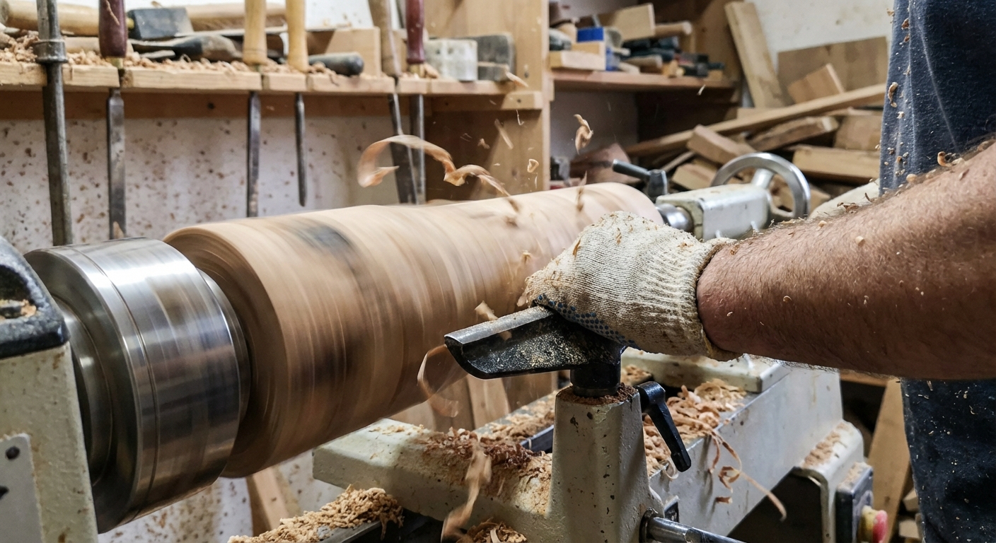 Man woodturning a timber project on a lathe, shaping wood with chisels in a traditional woodworking workshop. Perfect representation of craftsmanship and woodturning techniques.